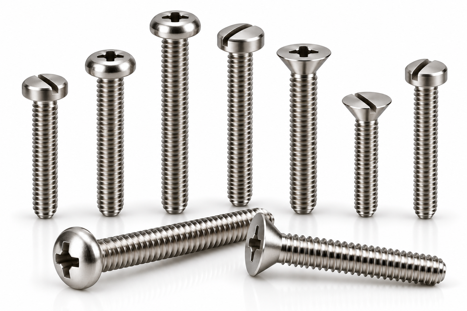 Stainless steel screw collection by Accurate Fastners – pan head, cheese head and countersunk machine screws on a white background